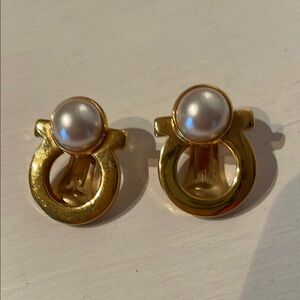 Salvatore Ferragamo Gold and White Earrings with Pearl Accent